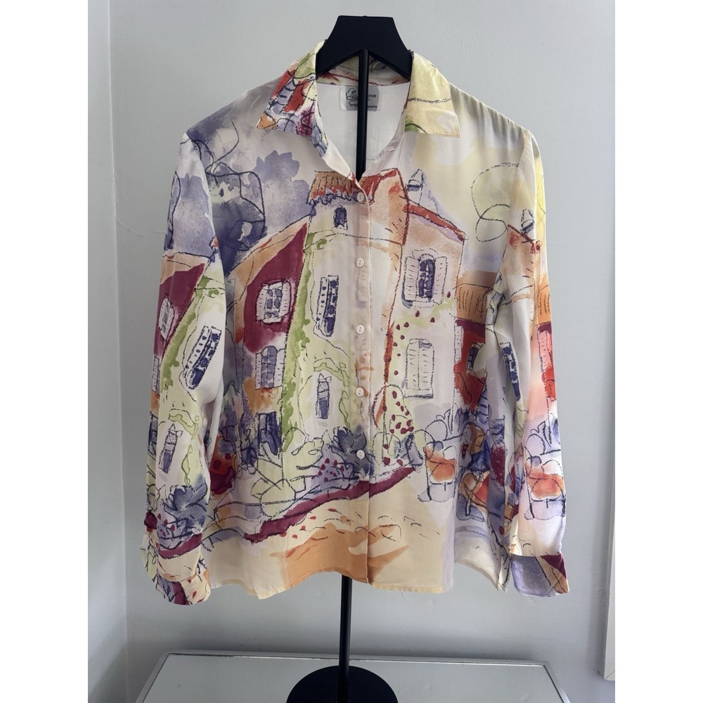 Michael Leu 100% Silk Art Print Blouse Womens L Village Scene Button Front